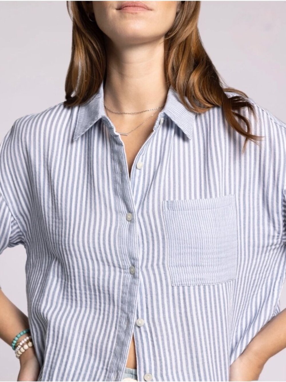 THREAD & SUPPLY White + Blue Striped Miranda Button-Up Cropped Shirt Medium